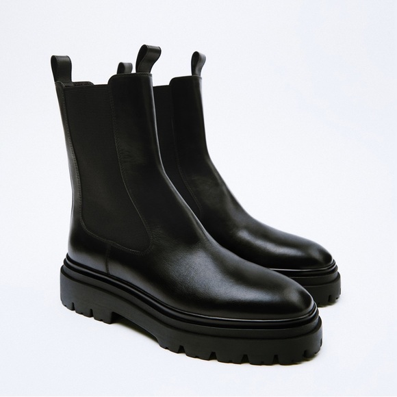 Zara Shoes - NWT ZARA Lug Sole Track Leather Ankle Boots Black Size 40EU 9US